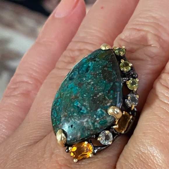 Mysterious Genuine Turquoise Ring with Gemstones - Picture 15 of 17